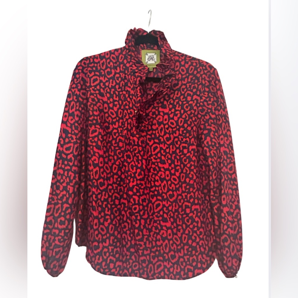 Elizabeth McKay Red and Black Silk Leopard Print Blouse, Size 8